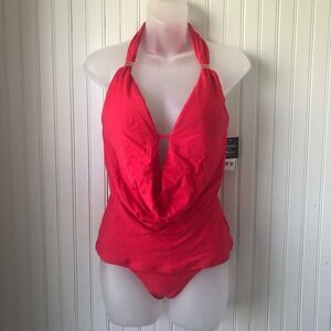BAR III Retail $98 Paradise Red Plunging Cowlneck Tankini Hipsters XSmall